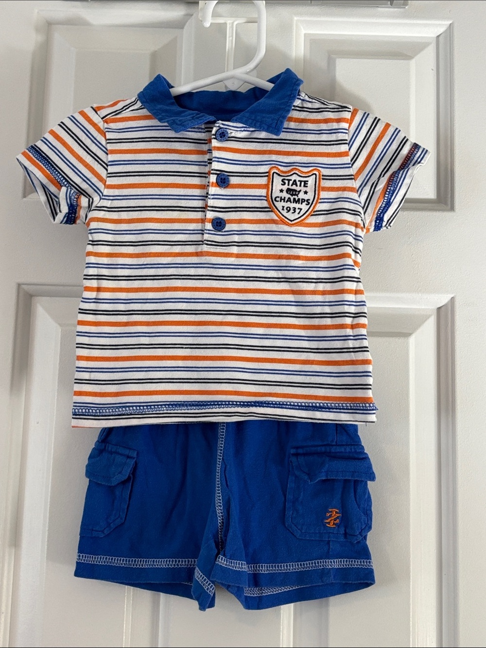 Izod Boys Blue, White & Orange Striped Polo Set